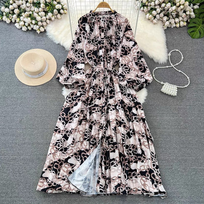 IKEARLAX  High-Grade Light Luxury Temperament Lantern Long Sleeve round Neck Waist Trimming Slimming Single-Breasted Printed Dress Elegant Long Dress