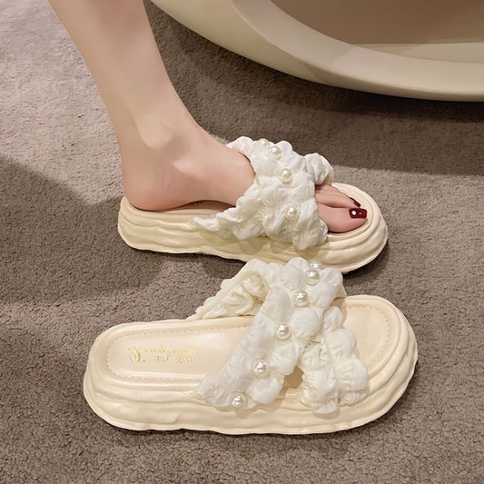 Fairy Style  New Platform Platform Dissolved Shoes Seaside Beach Slippers Ins Pearl Sandals Women's Outer Wear