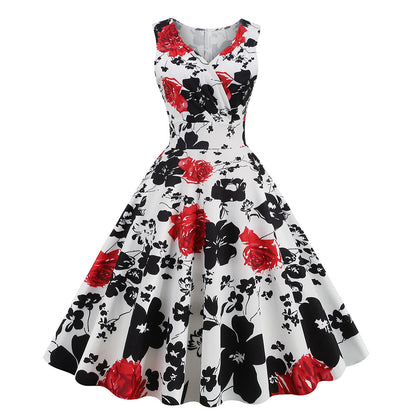 ikearlax Cross-Border  Women's New 50 S60s Hepburn Style Vintage Printing Dress Floral Dress