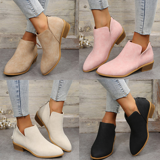 Cross-Border Foreign Trade plus Size British Style Bootie Women's Pointed Toe Chunky Heel Back Zipper Suede Low Heel Shoes Martin Boots