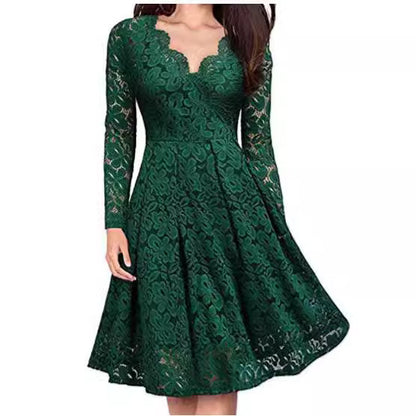 IKEARLAX Christmas Style Women's Clothing Autumn and Winter Clothing Skirt Lace Dress Long Sleeve Inner Wear Bottoming Slimming Temperament Dress Tide