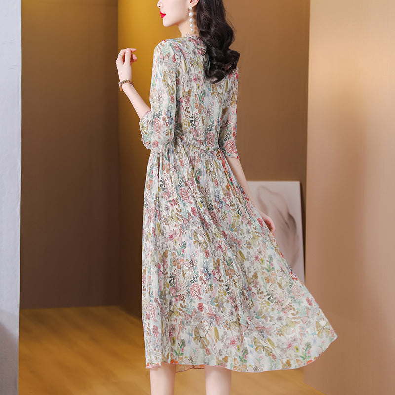 IKEARLAX Summer  Floral Mulberry Silk Dress Women's  New V-neck High-End Temperament Half Sleeve Chiffon Skirt