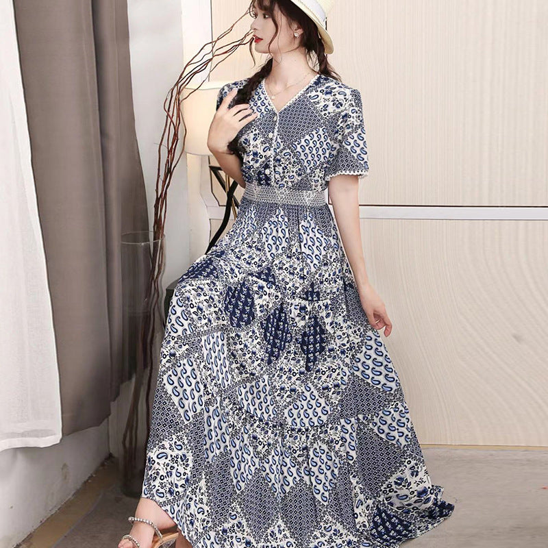 ikearlax Foreign Trade Bohemian Floral Dress Korean Style Cotton Silk Large Swing Dress V-neck Short Sleeve High Waist Dress Beach Skirt