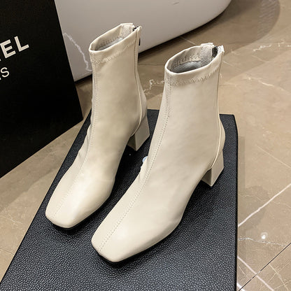 Southeast Asia Fashion Short Boots  Autumn and Winter New Korean Style Women's Martin Boots Square Toe Chunky Heel Casual Leather Boots