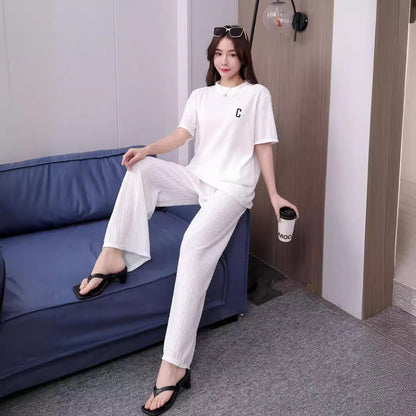 Southeast Asia Popular Chiffon Pleated Embroidery Suit Women's Summer Trousers Two-Piece Set Home Casual Fashion Set Suit