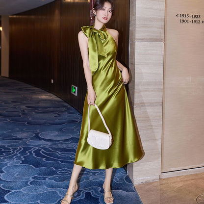 IKEARLAX  Gaoding Triacetate Satin Ribbon Halter Dress 23 New Socialite  Elegant Slim Acetate Dress