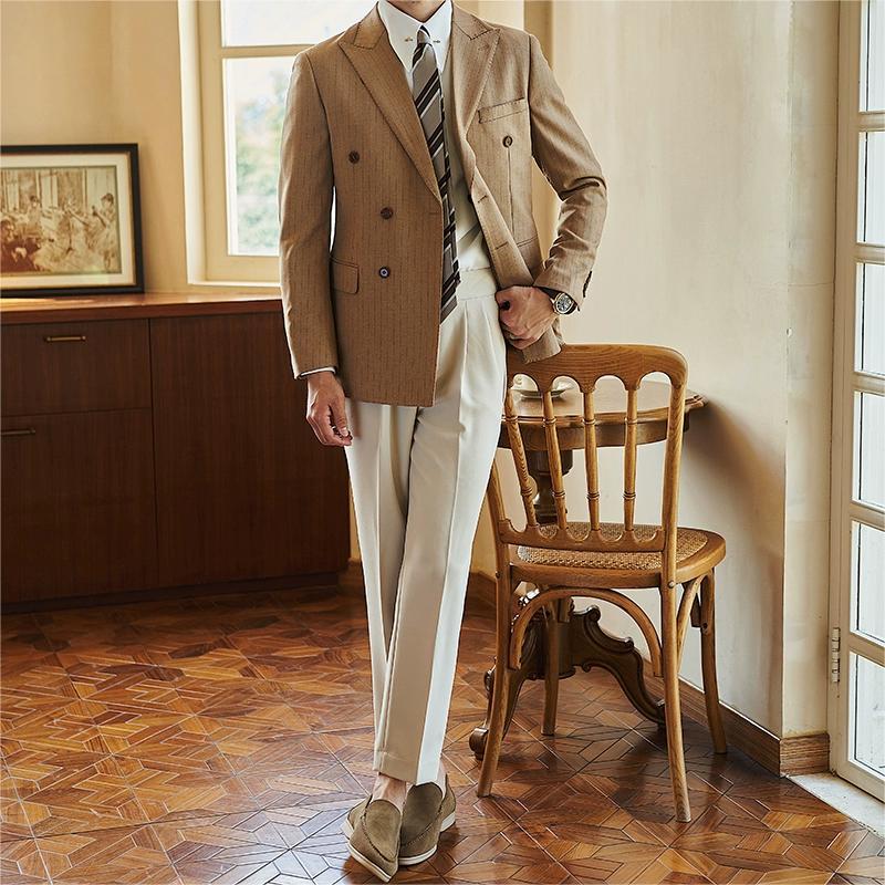 IKEARLAX  23 New Autumn and Winter New Suit Casual Pants Korean Casual Pants Men's Striped Double Breasted Suit Dress