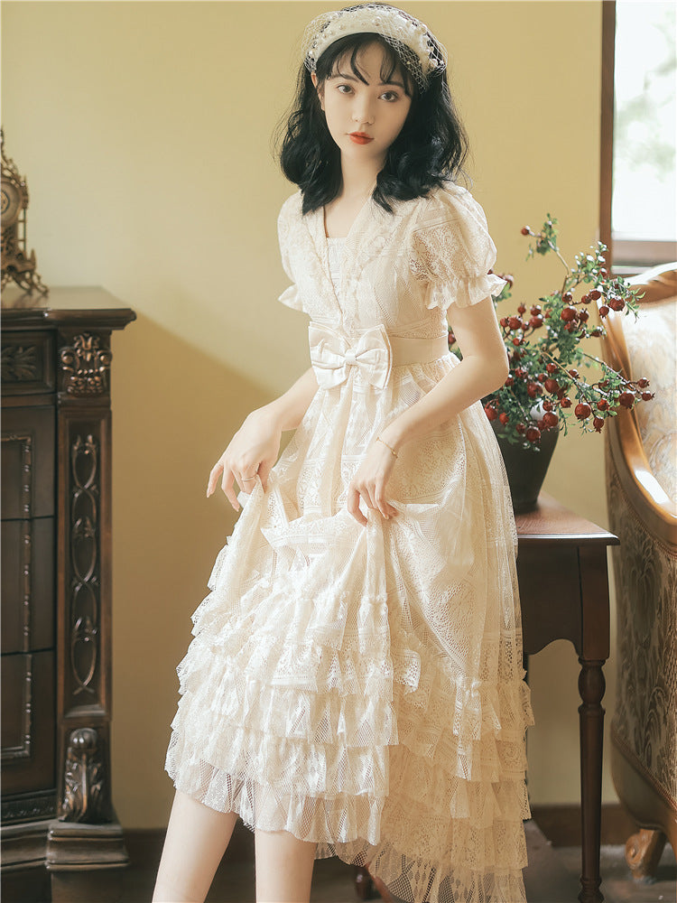 IKERRLAX Escape Princess Style Dress Summer Gentle Sweet and Salty First Love Tea Break Skirt Western Style Clothing Dresses Cake Dress