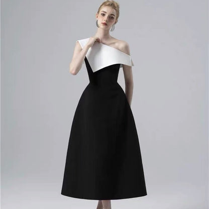 IKEARLAX  In Stock Spring and Summer Vietnam Special-Interest Design Classic Black and White Color Matching Sloping-Shoulder off the-Shoulder Formal Dress Simple Dress