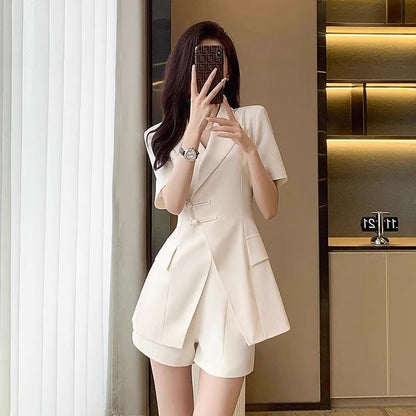 New Style Small High Sense Suit Women's Summer Wear Plump Girls Tummy Hiding Fat Hiding Short Sleeve Shorts Two-Piece Set