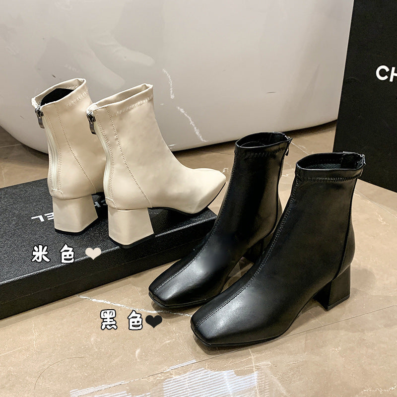 Southeast Asia Fashion Short Boots  Autumn and Winter New Korean Style Women's Martin Boots Square Toe Chunky Heel Casual Leather Boots