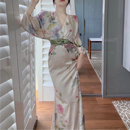 IKEARLAX  New  Style Waist Trimming Printing Elegant Dress Long Sleeve V-neck Spring Dress Women's Holiday Oil Painting Long Skirt