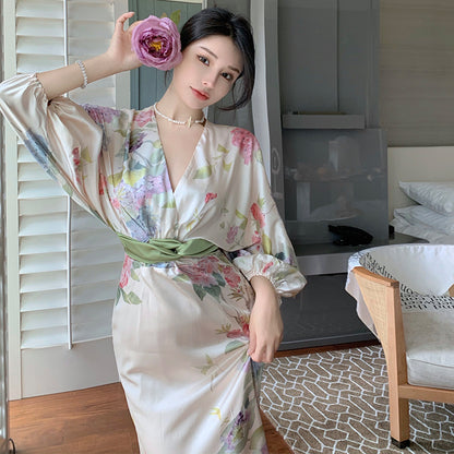 IKEARLAX  New  Style Waist Trimming Printing Elegant Dress Long Sleeve V-neck Spring Dress Women's Holiday Oil Painting Long Skirt