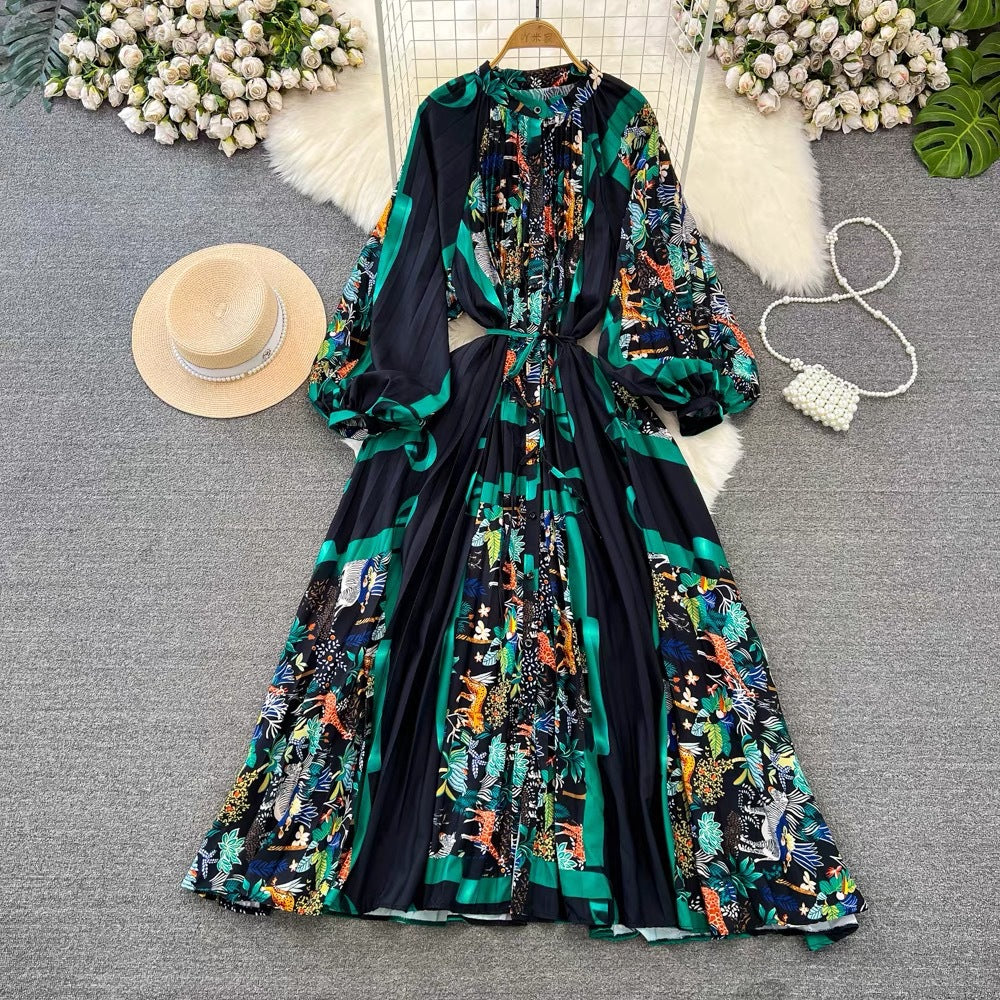 IKEARLAX  High-Grade Light Luxury Temperament Lantern Long Sleeve round Neck Waist Trimming Slimming Single-Breasted Printed Dress Elegant Long Dress