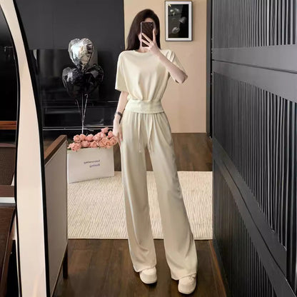 High-End Casual Sports Suit Women's Summer Wear Slimming and Fashionable Anti-Aging Elegant Solid Color Short-Sleeved Wide-Leg Pants Two-Piece Set