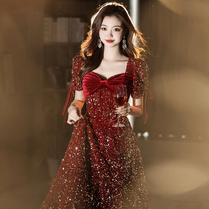 IKEARLAX  Red Toast Dress Bride  High-Grade Little Engagement Dress Wedding Dress  Sequined Princess on the Run