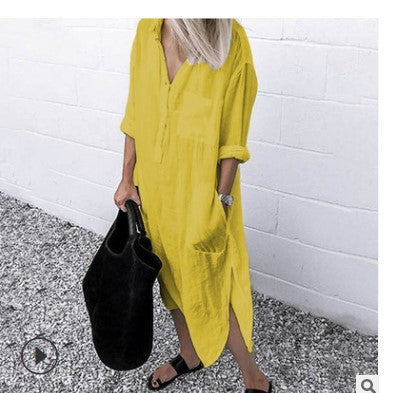 IKEARLAX Cross-Border Hot  Summer and Autumn Elegant Solid Color Slit Dress Simple Clinch Long Shirt Dress in Stock