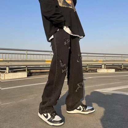 High Street American Patchwork Jeans Men's Fashion Brand Hip Hop Trousers Frayed Design Zipper Long Pants for Young Men