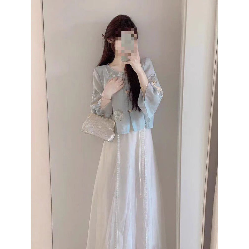 New Chinese Fashion National Style Suit Women's Summer Small Intellectual Temperament Chinese Knot Button Top Half-Length Dress Two-Piece Set