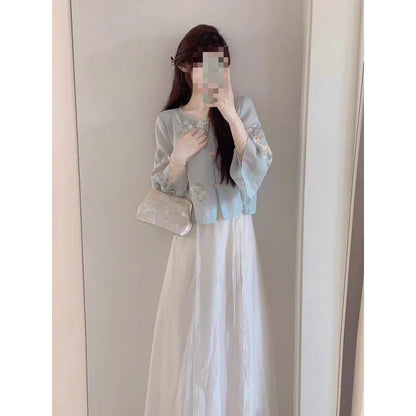 New Chinese Fashion National Style Suit Women's Summer Small Intellectual Temperament Chinese Knot Button Top Half-Length Dress Two-Piece Set