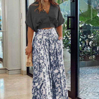 Cross-Border Summer Bell-Bottom Pants Suit  Shirt Top V-neck Fashion Printed Wide-Leg Pants Two-Piece Set