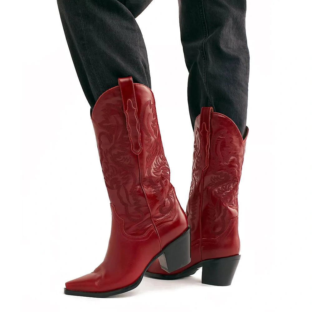 Cross-Border Large Tube Circumference 34-Size 44 Pointed Toe Chunky Heel Mid Heel Embroidered Sleeve High Tube Cowboy Boot Women's Boots X452