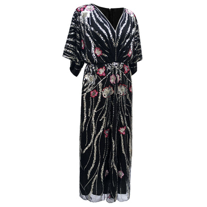 IKEARLAX Cross-Border European and American 1920S Vintage Dress Beaded Sequins Dress Embroidered Evening Dress Ethnic Style Women's