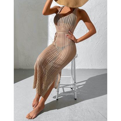 IKEARLAX Cross-Border Foreign Trade European and American Style Vacation Beach Hot Girl Smock Dress Hollow out See-through Backless Knitted Dress Female 3312