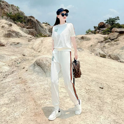 Leisure Sports Suit Women's Summer  New Fashion Fried Street Western Style Youthful-Looking Thin White Pure Cotton Two-Piece Suit Fashion