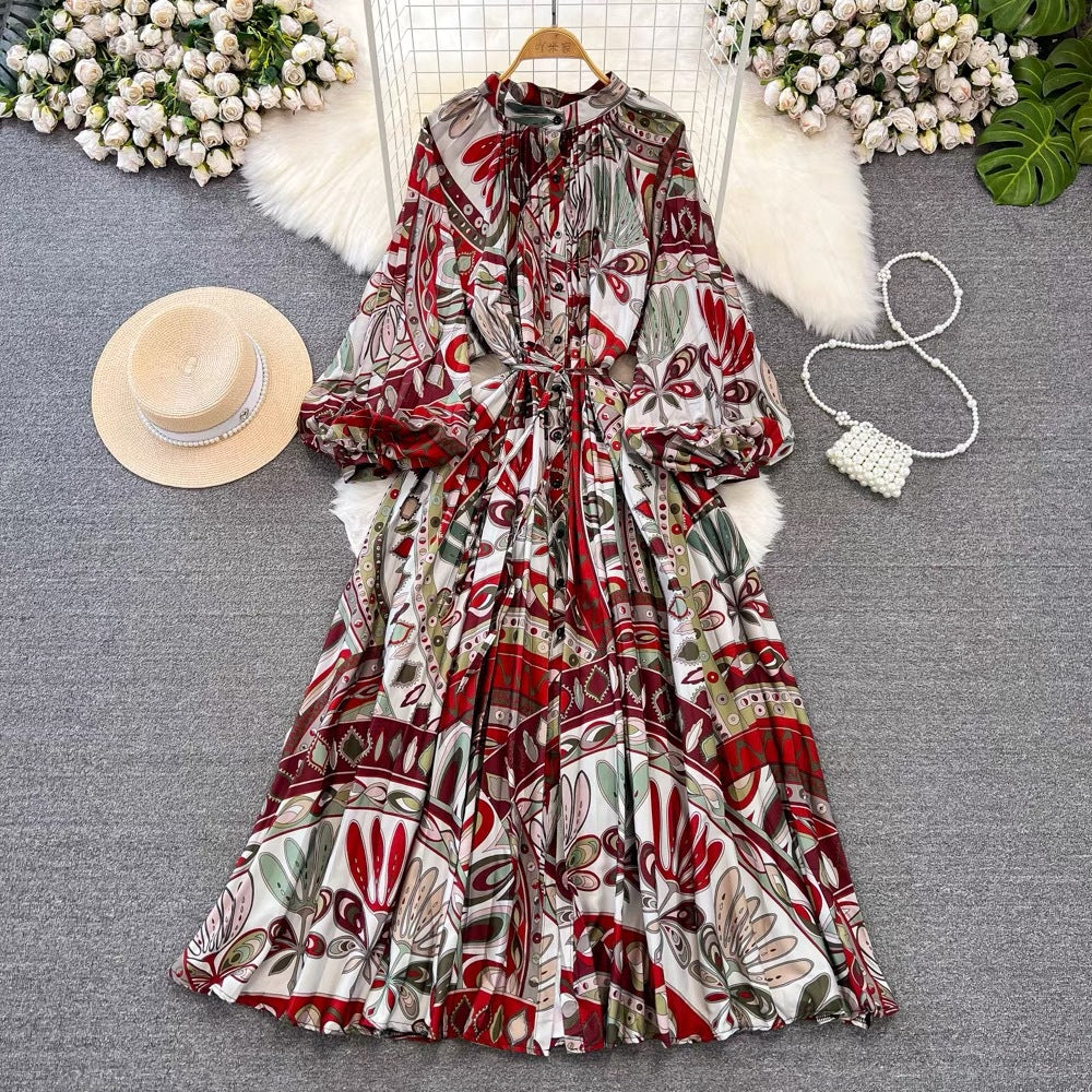 IKEARLAX  High-Grade Light Luxury Temperament Lantern Long Sleeve round Neck Waist Trimming Slimming Single-Breasted Printed Dress Elegant Long Dress