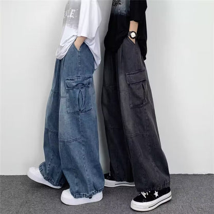 New Fashion Brand Japanese Style Wide Leg Large Pocket Overalls Men's Summer Ins Neutral Loose Straight Casual Jeans