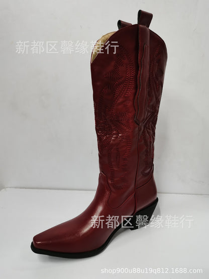 Cross-Border Large Tube Circumference 34-Size 44 Pointed Toe Chunky Heel Mid Heel Embroidered Sleeve High Tube Cowboy Boot Women's Boots X452