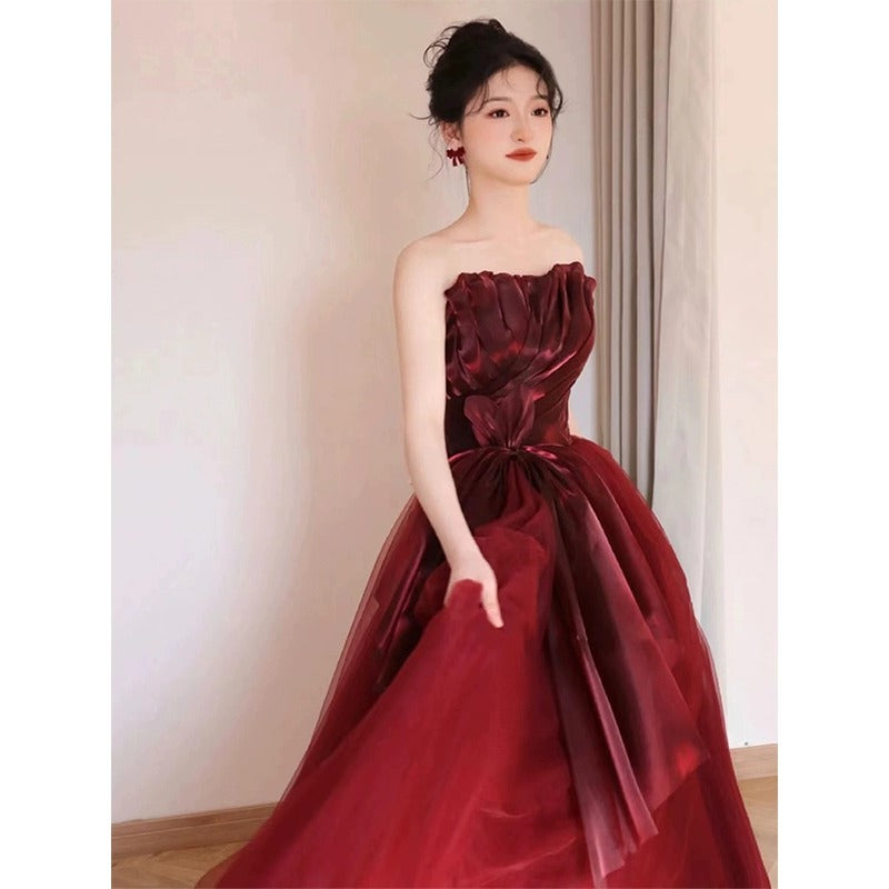 IKERRLAX Toast Dress  New Bridal Wine Red Light Luxury Minority Tube Top Engagement Dress High-Grade  Wedding Dress