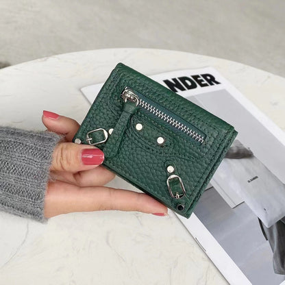 HOTan and NEWn Compact Mini Wallet Leather Wallet Women's Short and Thin Motorcycle Coin Purse Tri Fold Wallet Liu Ding