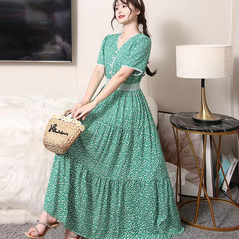 ikearlax Foreign Trade Bohemian Floral Dress Korean Style Cotton Silk Large Swing Dress V-neck Short Sleeve High Waist Dress Beach Skirt