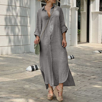 ikearlax Independent Station  Wish HOTan and NEWn Cotton and Linen Dress  New Blouse Collar Cotton and Linen Button Dress