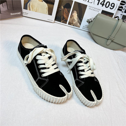 ikearlax Black Chanel Style Split Toe Biscuit Shape Shoes  Spring and Autumn New Lace-up Flat Casual Canvas Shoes for Women Tabi Shoes