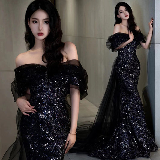 IKEARLAX  Fishtail Banquet Evening Dress  New  Entry Lux Niche Temperament Catwalk Performance Costumes off-the-Shoulder Gown Black