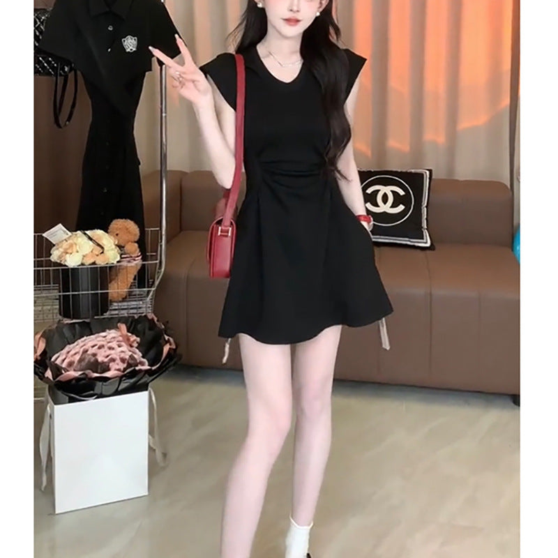 ikearlax Style Gentle Black Short Skirt  Summer New First Love Sweet Pure Desire Wind Waist Slimming Dress