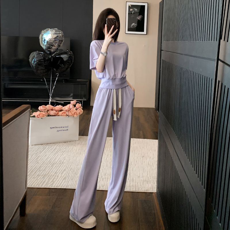 Design Casual Sports Suit Women's Summer Wear  New Younger Fashion Temperament Short Sleeve Wide Leg Pants Two-Piece Set