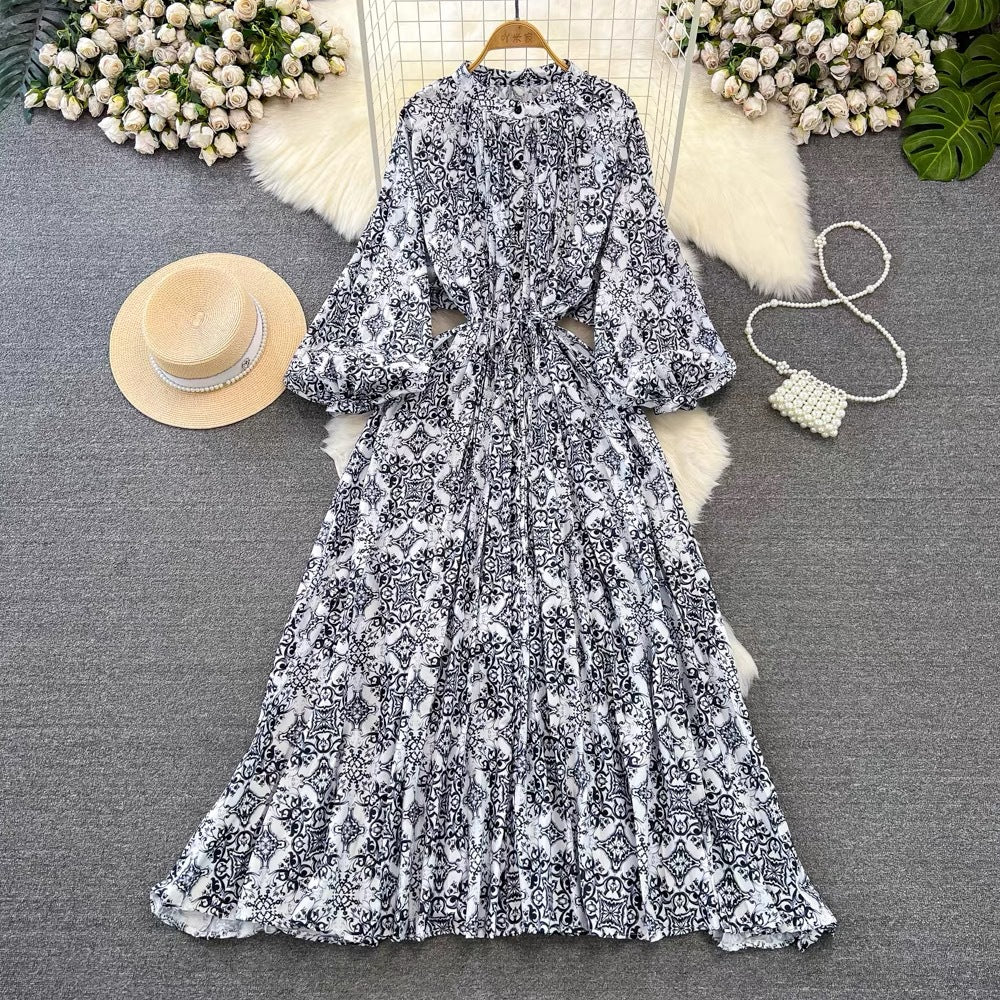 IKEARLAX  High-Grade Light Luxury Temperament Lantern Long Sleeve round Neck Waist Trimming Slimming Single-Breasted Printed Dress Elegant Long Dress