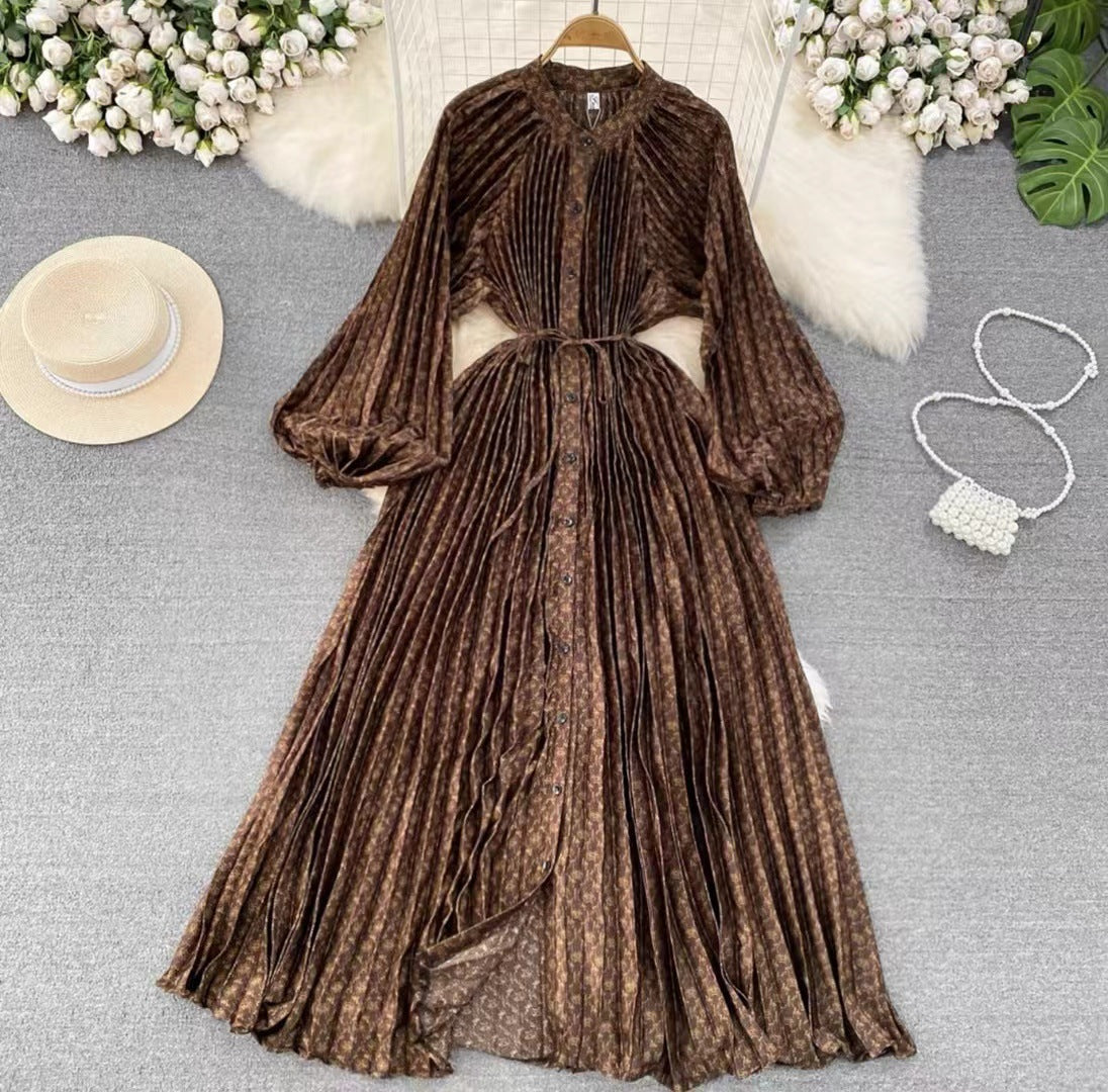 IKEARLAX  High-Grade Light Luxury Temperament Lantern Long Sleeve round Neck Waist Trimming Slimming Single-Breasted Printed Dress Elegant Long Dress