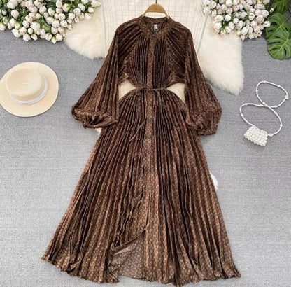 IKEARLAX  High-Grade Light Luxury Temperament Lantern Long Sleeve round Neck Waist Trimming Slimming Single-Breasted Printed Dress Elegant Long Dress