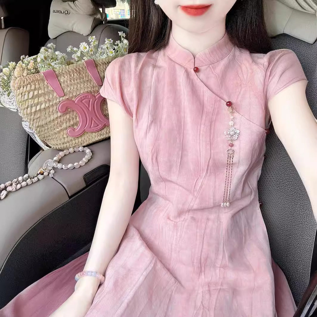 IKERRLAX New Summer Matching a Set of New Chinese Style High-Grade Classic Style Pink Cheongsam Suit Skirt for Women