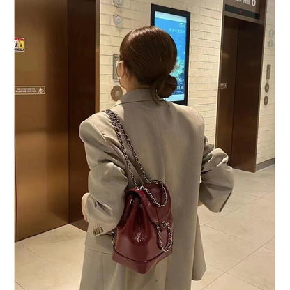 Leather Backpack Women  New High Sense First Layer Cowhide Bag Classic Style Fashion Ladies Chain Backpack