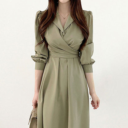 IKEARLAX South Korea Chic Early Autumn  Elegant Lapel Cross Lace-up Waist Puff Sleeve Shirt Dress Midi Dress