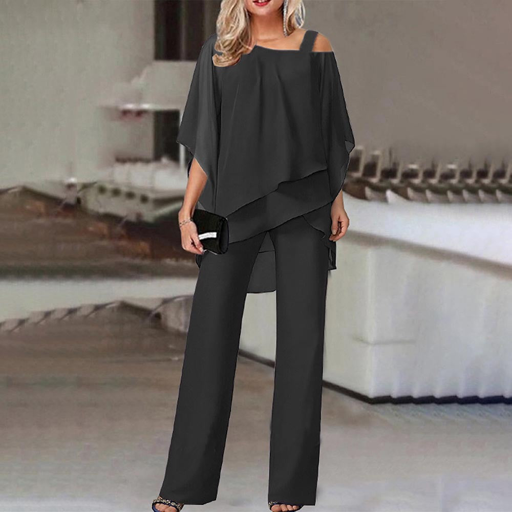 Batwing Sleeve Top and Trousers Women's Casual Strapless Irregular Party Suit Elegant Two-Piece Set  Spring, Summer, Autumn 66