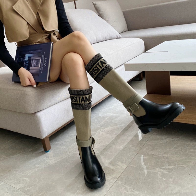 Autumn and Winter New Letter Niche Design Thick Leg below the Knee Long Boots Female Genuine Leather Middle Tube Boots Thick Heel High Tube