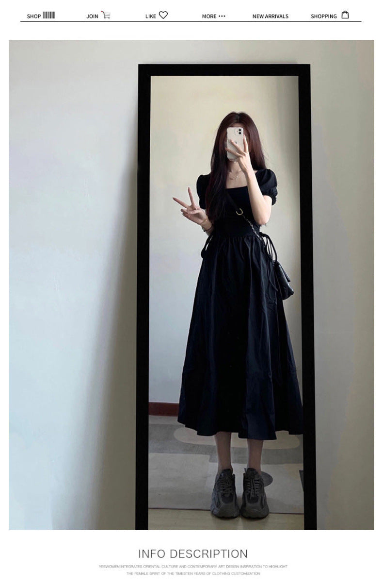 IKERRLAX Spring and Summer  Hepburn Style Temperament Dress Western Style Slimming Puff Sleeve Small Black Long Skirt