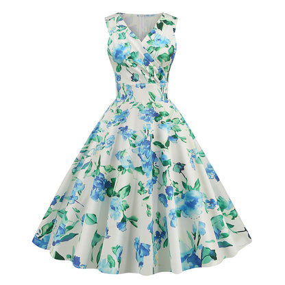 ikearlax Cross-Border  Women's New 50 S60s Hepburn Style Vintage Printing Dress Floral Dress